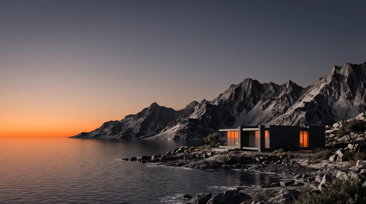 Modern studio building on a rocky shore beneath mountains at an orange sunrise