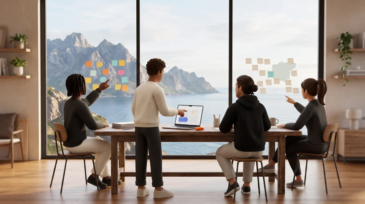 Small team, faces turned away, collaborating at a table before a window onto mountains and sea