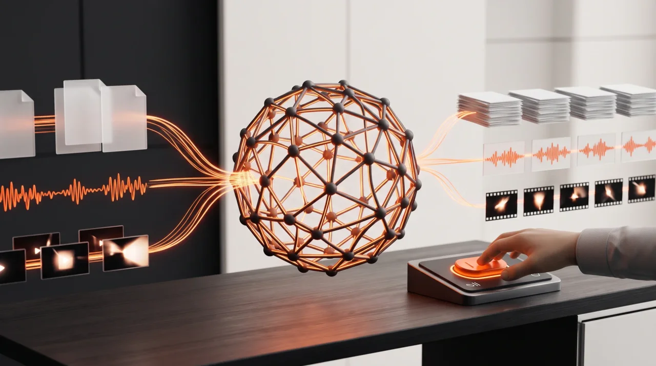 Glowing neural-network sphere turning documents, audio and video into sorted stacks while a hand rests on an approval switch