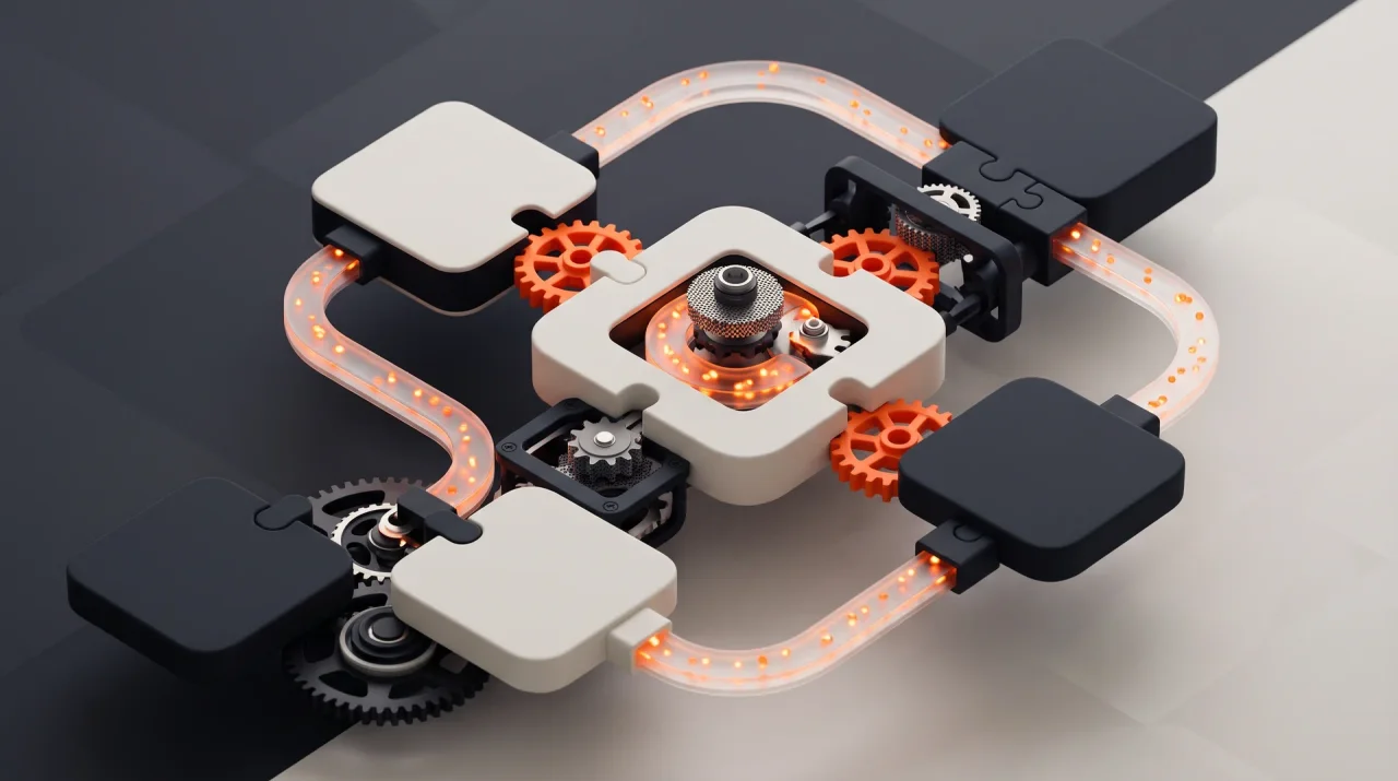 Interlocking gears and puzzle-like app tiles joined by glowing conveyor paths carrying orange data particles