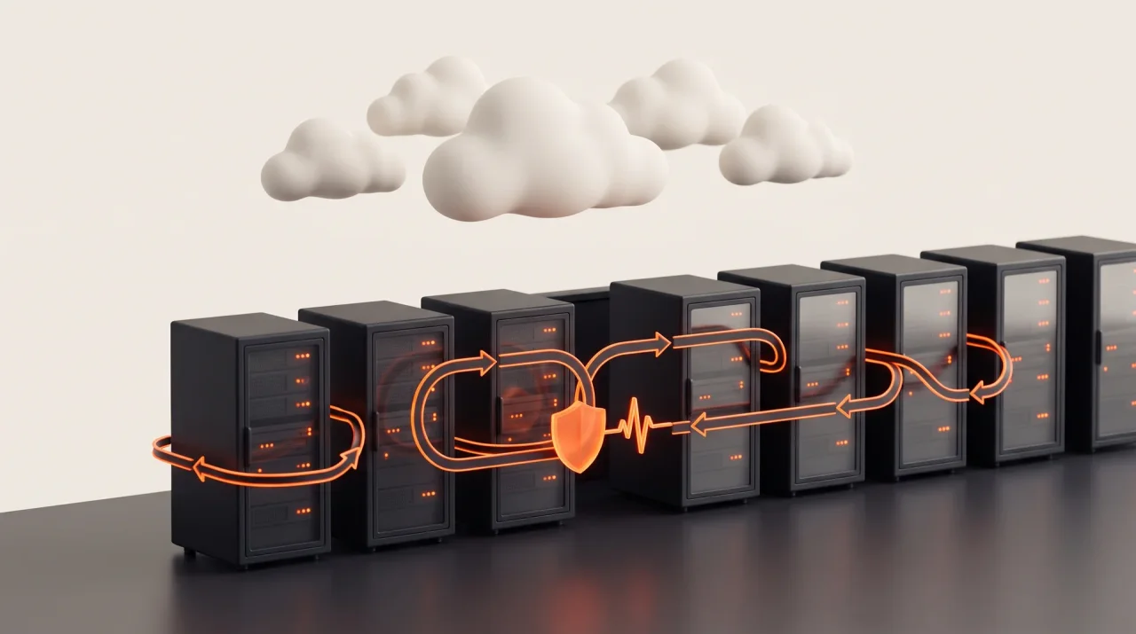 Row of server racks under soft clouds, circled by an orange pipeline loop with a shield and heartbeat line