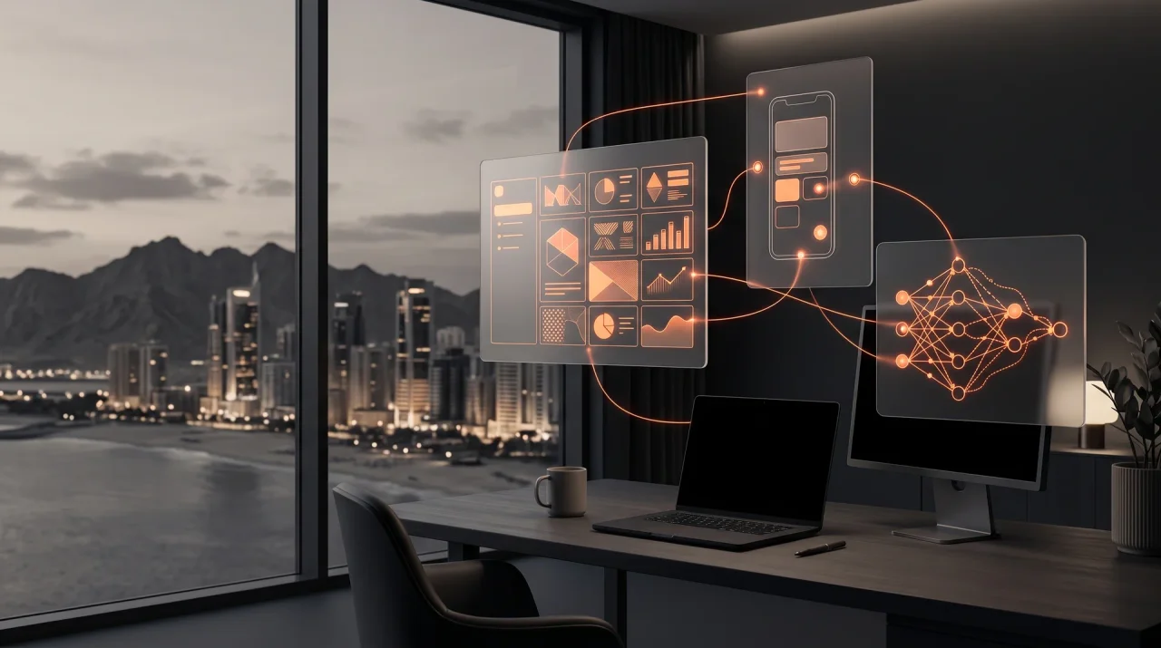 Dark modern workspace overlooking a coastal city and mountains at dusk, with floating panels of dashboards, a phone layout and a neural network linked by orange light lines