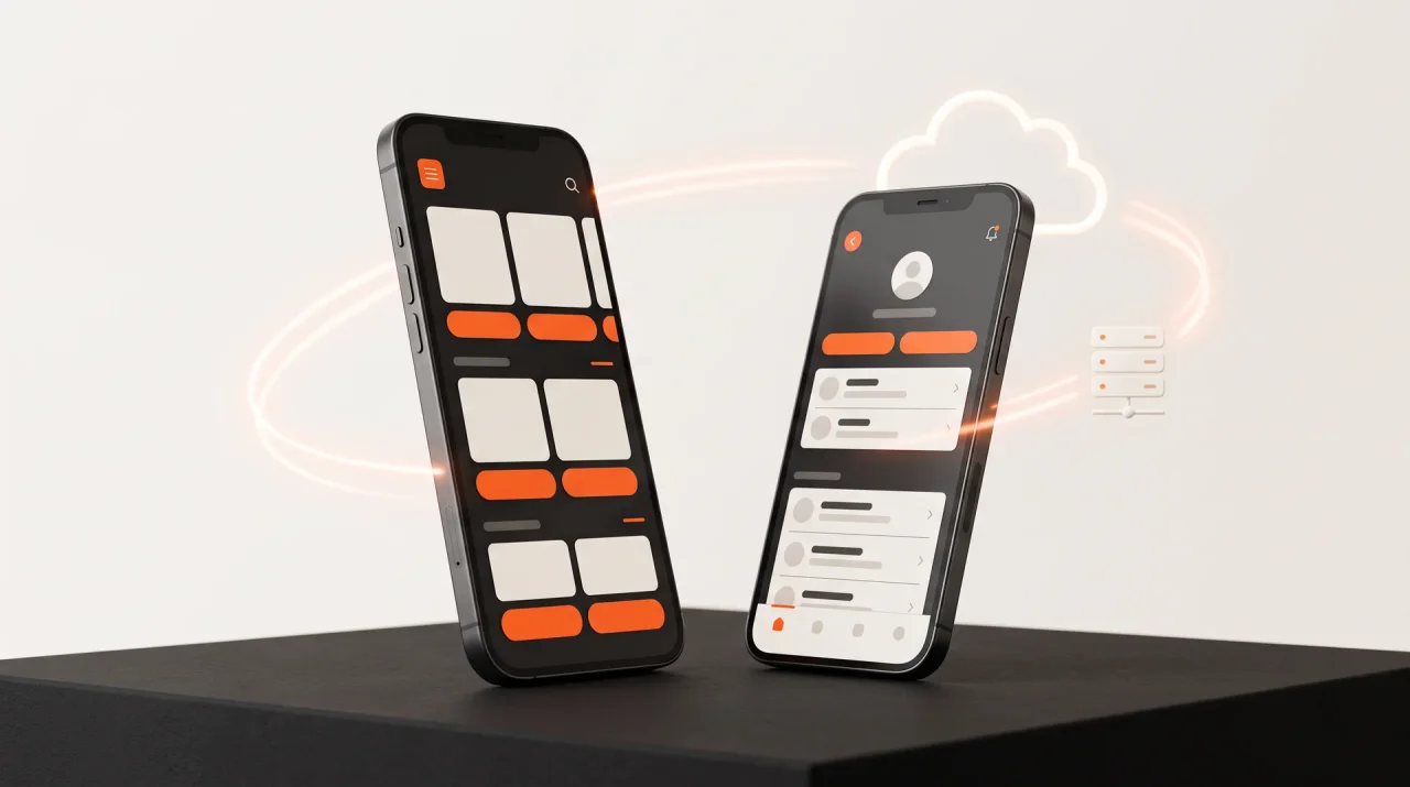 Two smartphones with clean app layouts and orange buttons, linked by light trails to a cloud and server