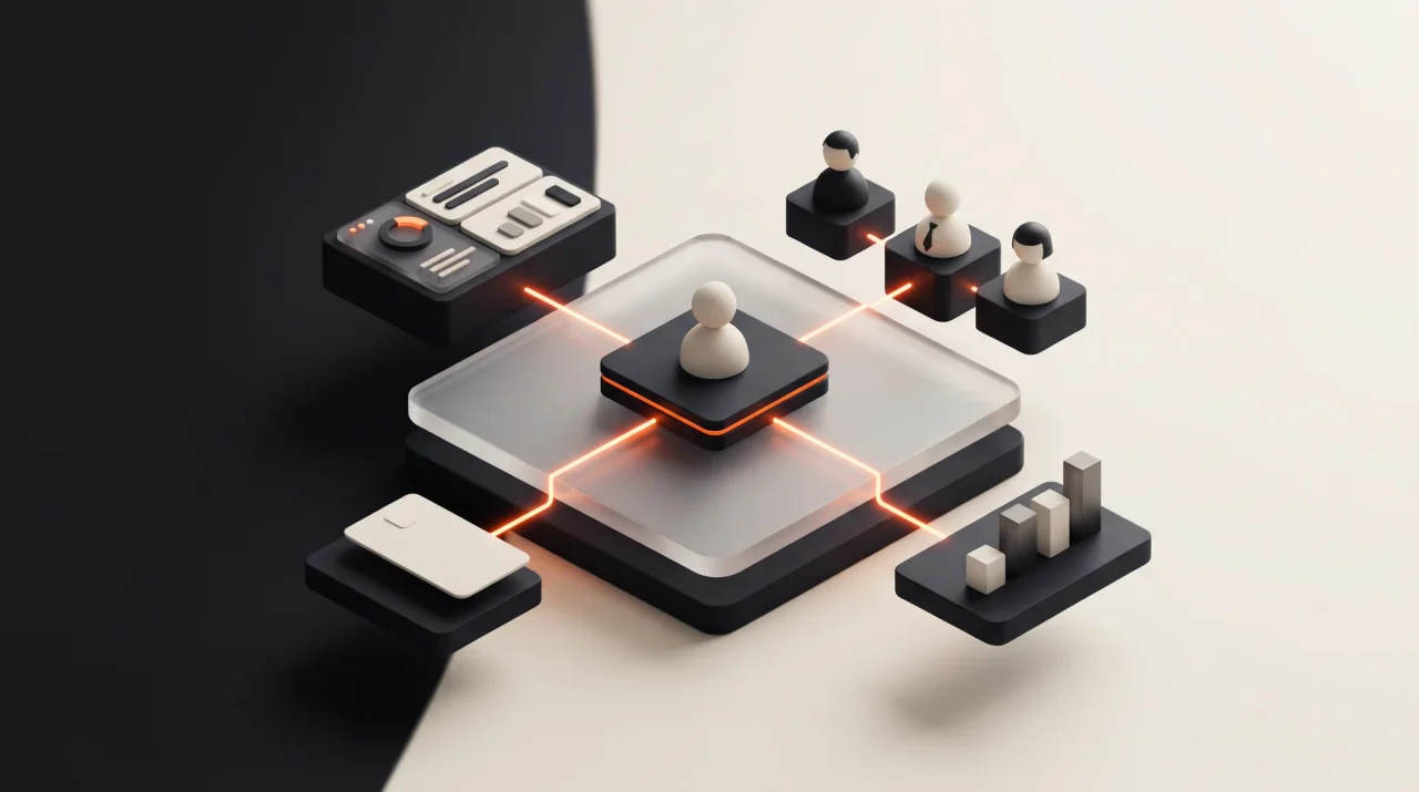Isometric glass platform with modules for dashboards, user roles, payments and charts docking in through orange light paths