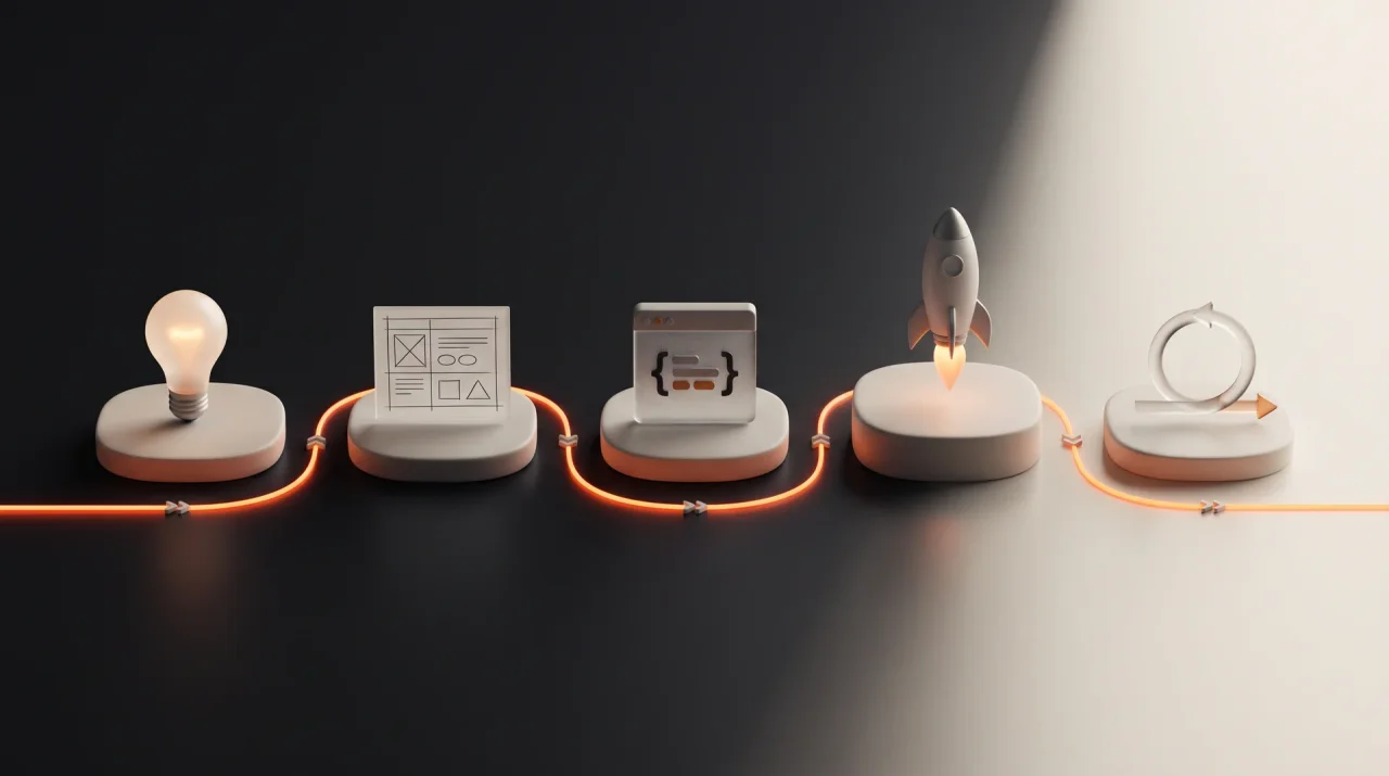 Five stages from idea to launch and iteration, linked left to right by an orange line