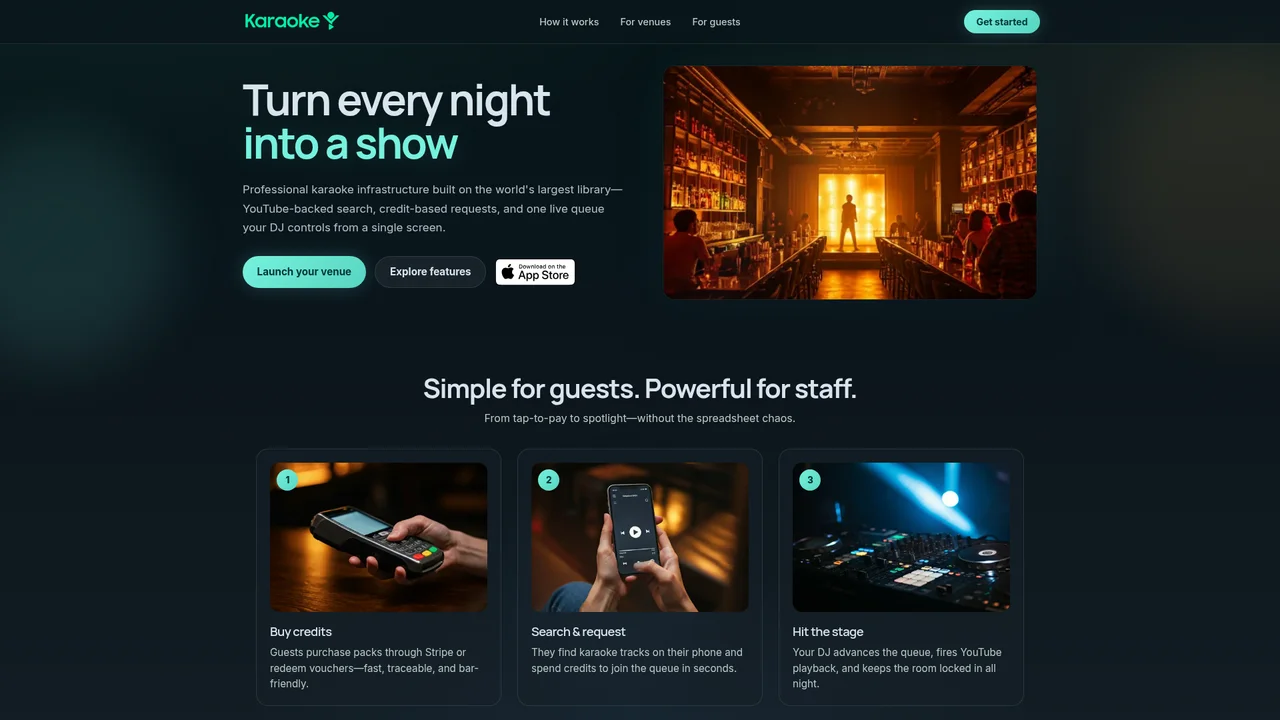 KaraokeYT landing page showing a phone with a song queue beside the headline Your stage. Your playlist.