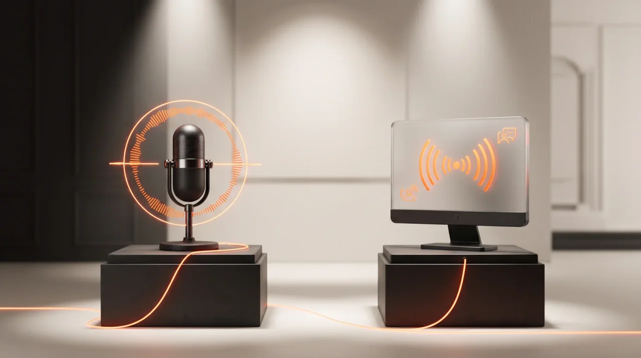 Two display pedestals holding a microphone and a broadcast monitor, joined by an orange light line
