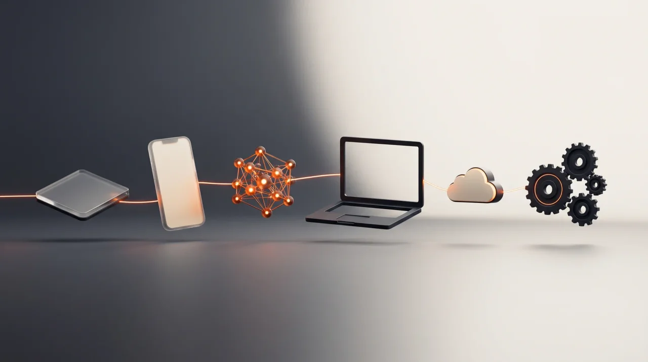 Floating icons of a platform, phone, neural network, laptop, cloud and gears linked by an orange light line