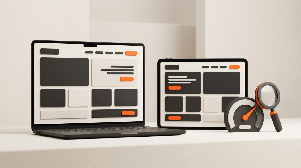 Laptop and tablet showing a clean website layout, next to a speed gauge and a magnifying glass