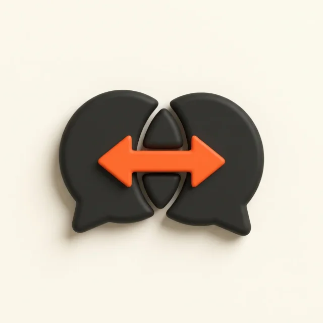 Two speech bubbles facing opposite ways with an orange two-way arrow