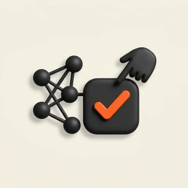 Neural network beside an orange check-mark button a hand is about to press